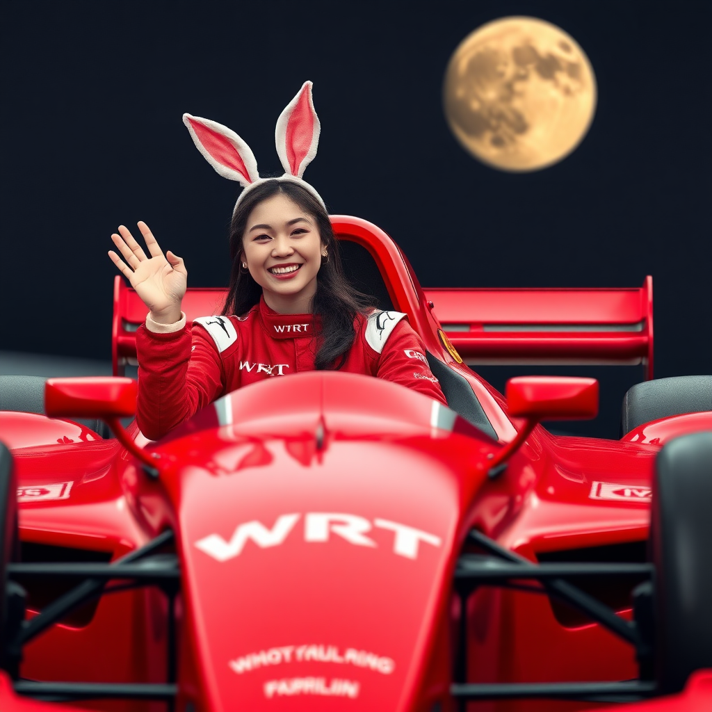 A red formula racing car, with only WRT written on its body; a beautiful Chinese female racer, wearing rabbit ears on her head, sitting in the car joyfully laughing and waving her hand, dressed in red racing attire that also only has WRT written on it; the background features an enormous moon.