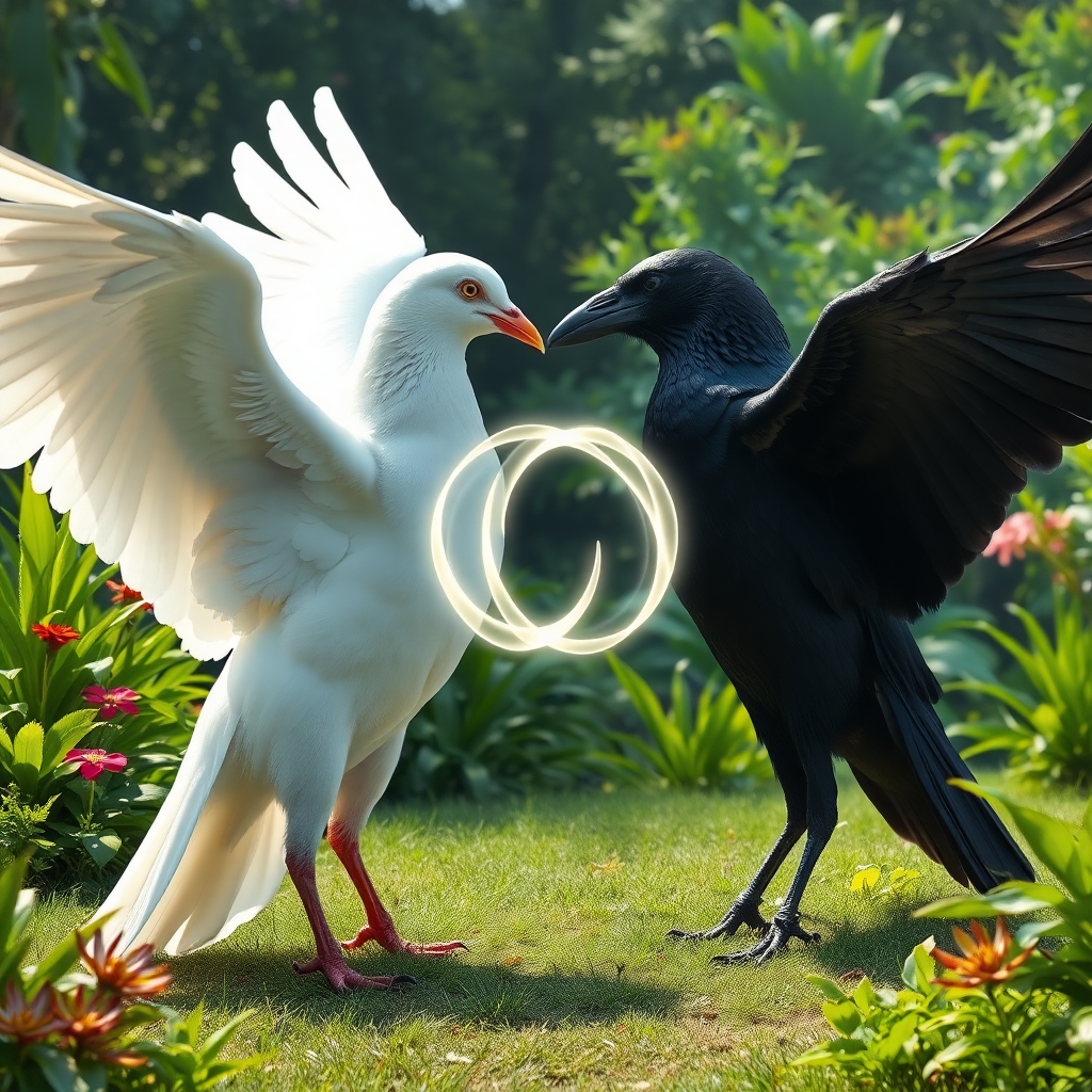 a huge white dove and a huge black crow standing facing each other within a clearing in an incredible lush garden, slowly flapping their powerful wings. The beak of the dove is touching the beak of the crow. There is a large abstract infinity symbol of wavy, transparent light energy that intersects at the beaks and covers the entire bodies of the birds