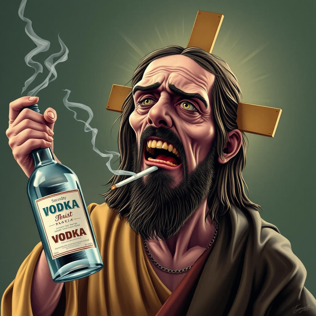 Drunk deformed face Jesus Christ, with a bottle of vodka in one hand and a smoking cigarette in mouth.