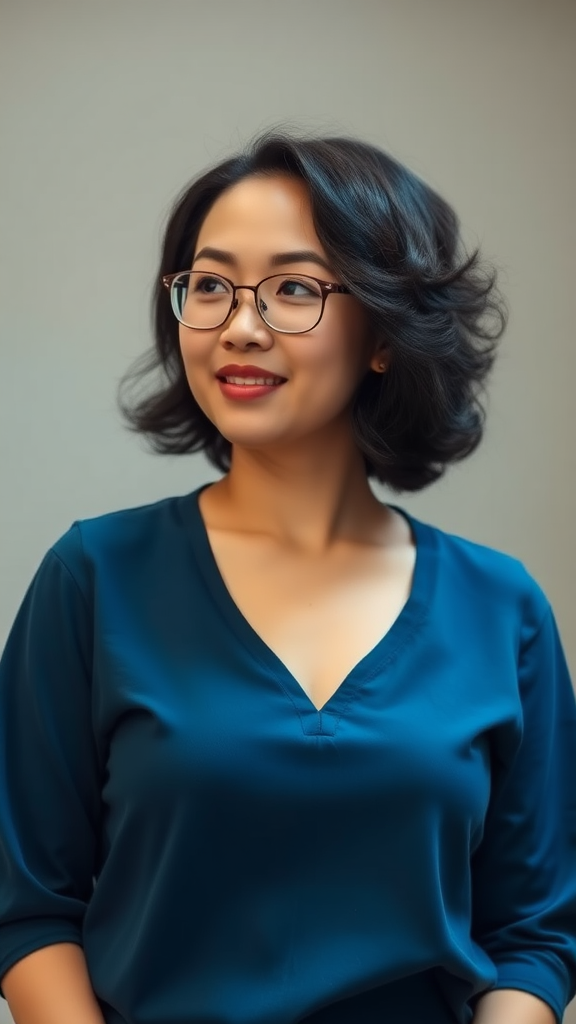 A beautiful Chinese woman, 30 years old, short hair, curly hair, wearing glasses, with a curvy figure, small chest, in blue clothing.