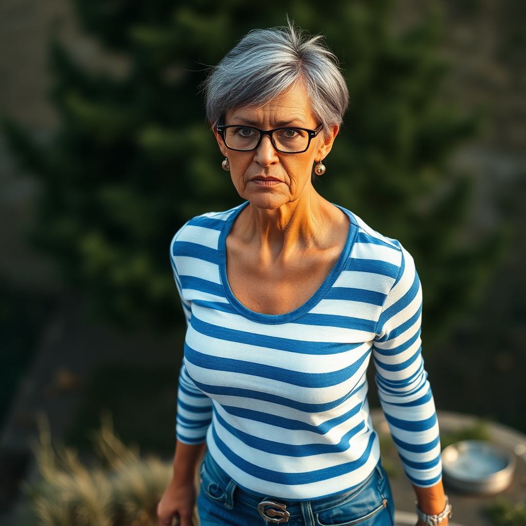 sexy Woman, 35 Years old, European, Latina, sharp aquiline nose, wrinkles, high cheekbones, Middle Eastern, Skinny, Tanned skin, Dark light skin, Makeup, Serious face, frowning, smirking, Ash dark grey hair, bowl haircut, Slicked short hair, Short hair, black eye color, Glasses, detailed features, tight whote and blue striped shirt, tight jeans, long legs, high heels sandals, White hair, walking up a slope, full body, long establishing shot