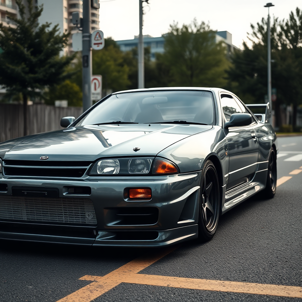 The car is parked on the side of the road, inspired by Taiyō Matsumoto, tumblr, restomod, nd4, c4 metallic shine gray black nissan skyline r34 kalabalik tokyo gece arkaplan.