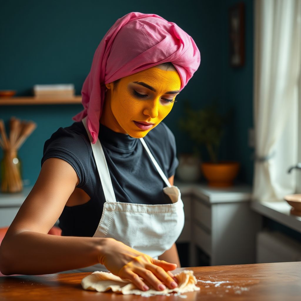 slim, 30 year old, sexy, french maid, pink scarf head, turmeric face pack. She is cleaning a table with a cloth