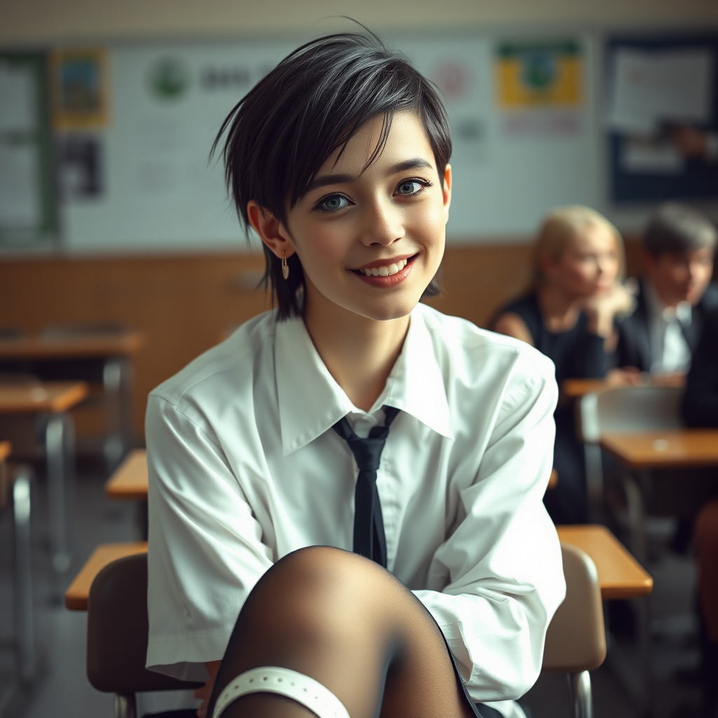 photorealistic, ultra high resolution, 16K, surreal fantasy, soft studio lighting, a pretty 16 year old goth male, slim male physique, short dark hair, blue eyes, goth makeup, earrings, sheer pantyhose, UK girls-school uniform, Mary-Jane shoes, sitting in the classroom, excited smile, facing the camera.