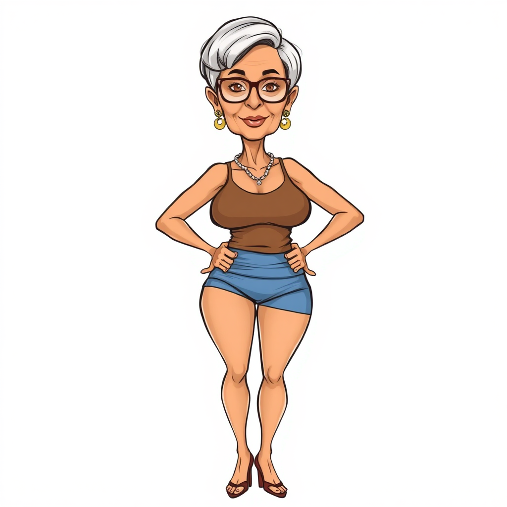 a towering 55 Years old, fit, slim, European, Latina, sharp aquiline nose, wrinkles, high cheekbones, Middle Eastern, Skinny, Tanned skin, Dark light skin, Rounded Medium breasts, Skinny thighs, full Makeup, jewelry, Serious face, Sharp nose, Ash hair, short bowl haircut, Brown eye color, Glasses, with detailed features. Hands on hips, she is wearing a brown tight tank top and tight blue ruched high cut shorts, detailed fabric. full body, high heels sandals, she is gesturing at the viewer, long establishing shot, 2D, caricature, cartoon, Sketch lines, coloring book, nlack and white, coloring book style on white background, well composed, clean coloring book page, No dither, no gradient, strong outline, No fill, No solids, vector illustration, realistic proportions