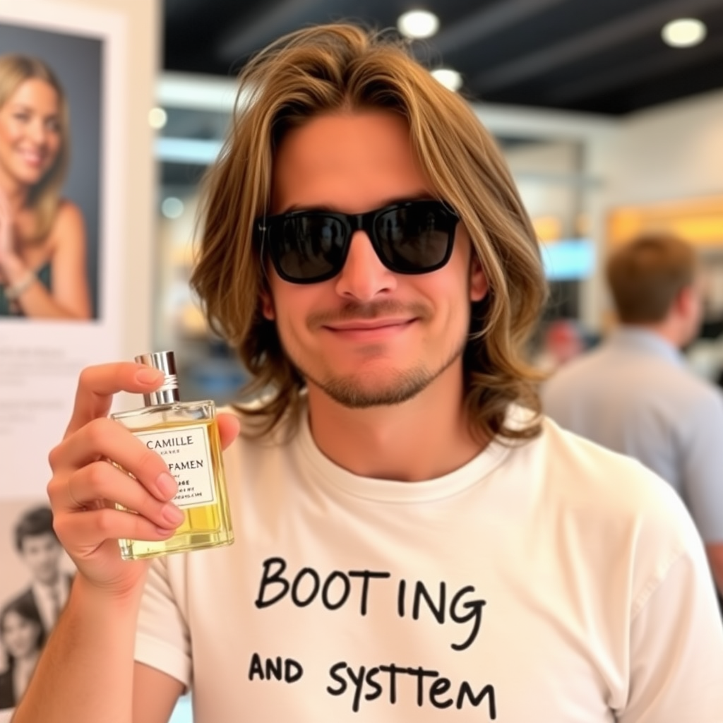 someone named Camille, with pix written on his tshirt, holding perfume for men and promoting booting without systemd