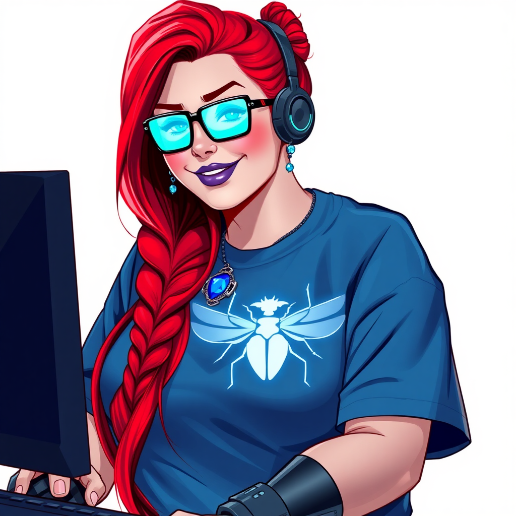 A cyberpunk vigilante’s full-figured intelligent and tech-savvy 29-year-old girlfriend, who is a computer hacker and tech genius. She has a long ruby red ponytail and bright blue eyes. She wears maximum blue lipstick, a sapphire beetle gemstone necklace, sapphire earrings, black eyeglasses, hi-tech metal arm armor, and an oversized maximum blue t-shirt featuring a neon blue glowing emblem of a winged beetle on its chest. She has a full-figured physique with a giant, round midsection, reflecting her well-cared-for lifestyle. She sports a sapphire headset with a hi-tech maximum turquoise lensed HUD, and a beaming smile with a passionate bright red blush. Despite her figure and a lack of self-esteem, she radiates beauty. She has a slim face which contributes to her radiant beauty. She serves as his tech expert from his hideout, diligently working at her lab table and computer desk. The background is solid white. She is drawn as if she was in a retro 2D cyberpunk fighting game.