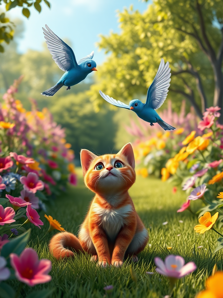 In a vibrant garden, depict a cute Brown Cat and a cheerful Blue Bird, embarking on an adventure together. The garden is filled with colorful flowers and lush green trees. The Brown Cat is sitting on the grass while the Blue Bird is flying above, creating a warm and joyful atmosphere. Render this in realistic 4K detail.