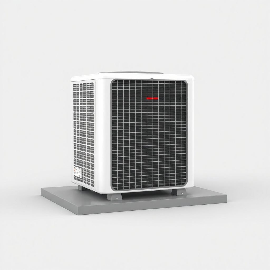 A simple, high-resolution, realistic 3D model of a standard residential outdoor air conditioning unit or condenser. The unit should be placed on a flat surface. The unit should be a neutral color. Plain, uncluttered background. No text.