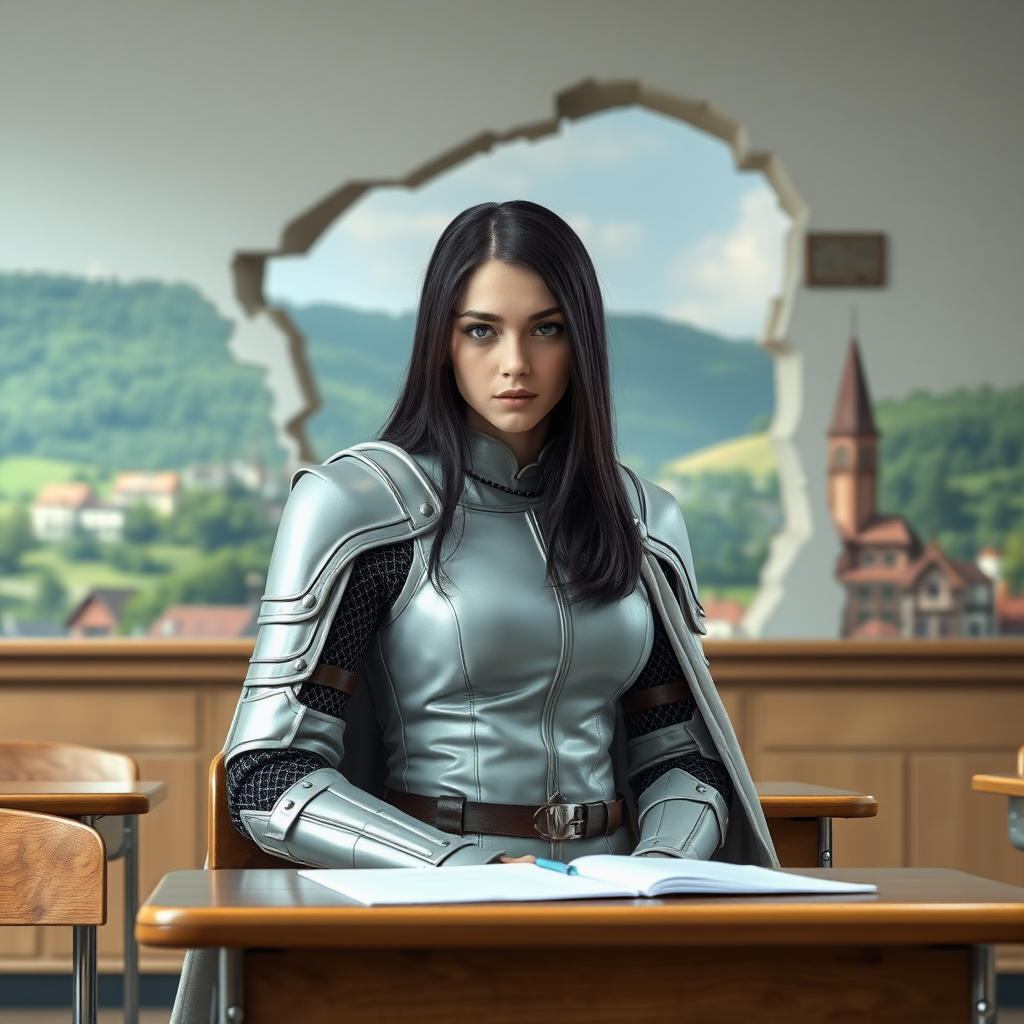 beautiful young woman, dark hair past her shoulders, blue eyes, small, slim figure, wearing light full leather armor suit with long cape, sitting in a school classroom at student desk with the wall missing with a beautiful medieval village in the background.