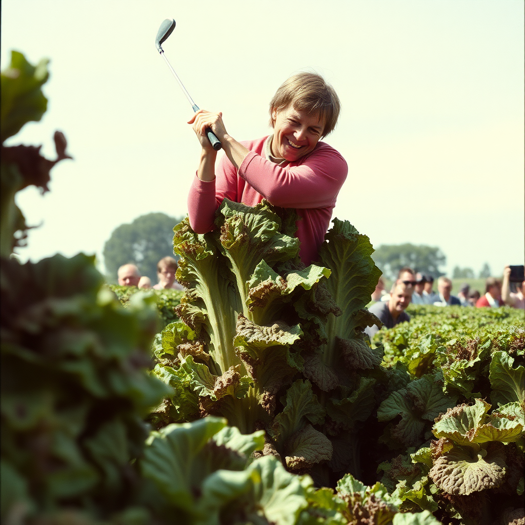 Highly detailed Kodachrome color real British surrealist photograph from 1978 of Harold took an eight-iron at the first  
Hoped the hedge whilst Tostig chipped and cursed  
Sliced into a sticky patch and, playing out,  
He'd met his match  
When lettuce leaves had made the crowd disperse