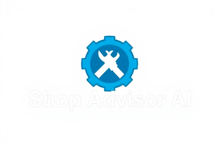 A logo for shop repair software called "Shop Advisor AI," with a wrench or pneumatic gun element incorporated.