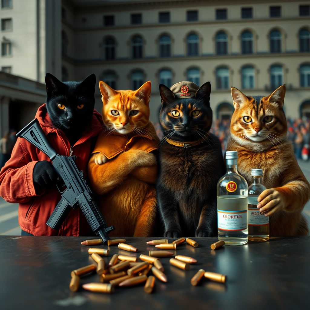 4 cat-men in a large square, a dark-skinned one holding an AK-47, an orange one with a Russian military cap, a dark brown one and a light brown one, USSR communists with VODKA, behind a table with bullet casings on it (film photo style)