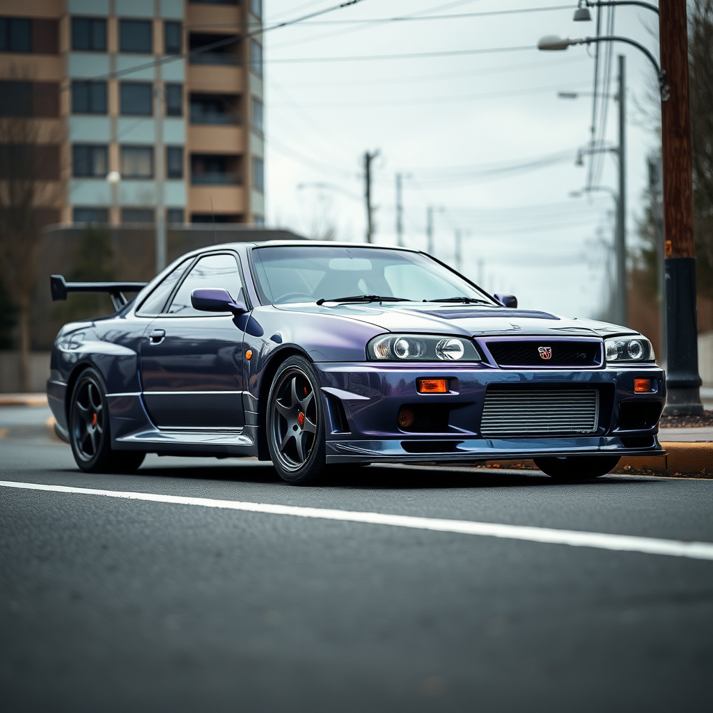 metallic shine nissan skyline r34 the car is parked on the side of the road, inspired by Taiyō Matsumoto, tumblr, restomod, nd4, c4 cold colors