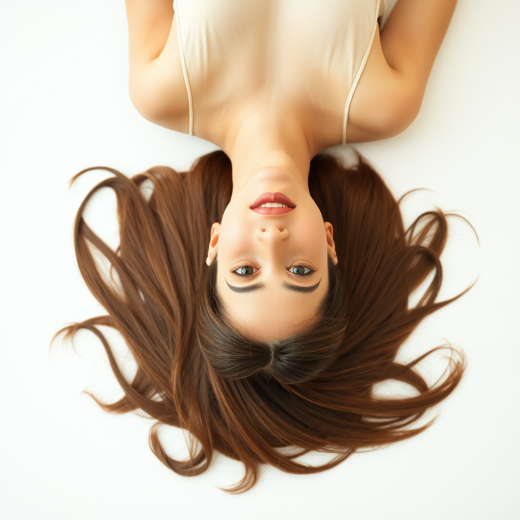 A beautiful woman laying on her back staring up at the camera. Her very long hair meticulously fanned out in a geometrically precise semicircle to display its length and beauty.