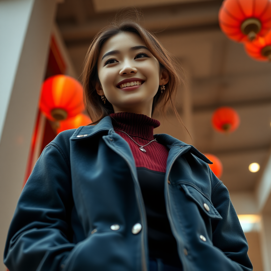 photo low angle full body shot beautiful xiaomeimei smiles and puts something in her pocket