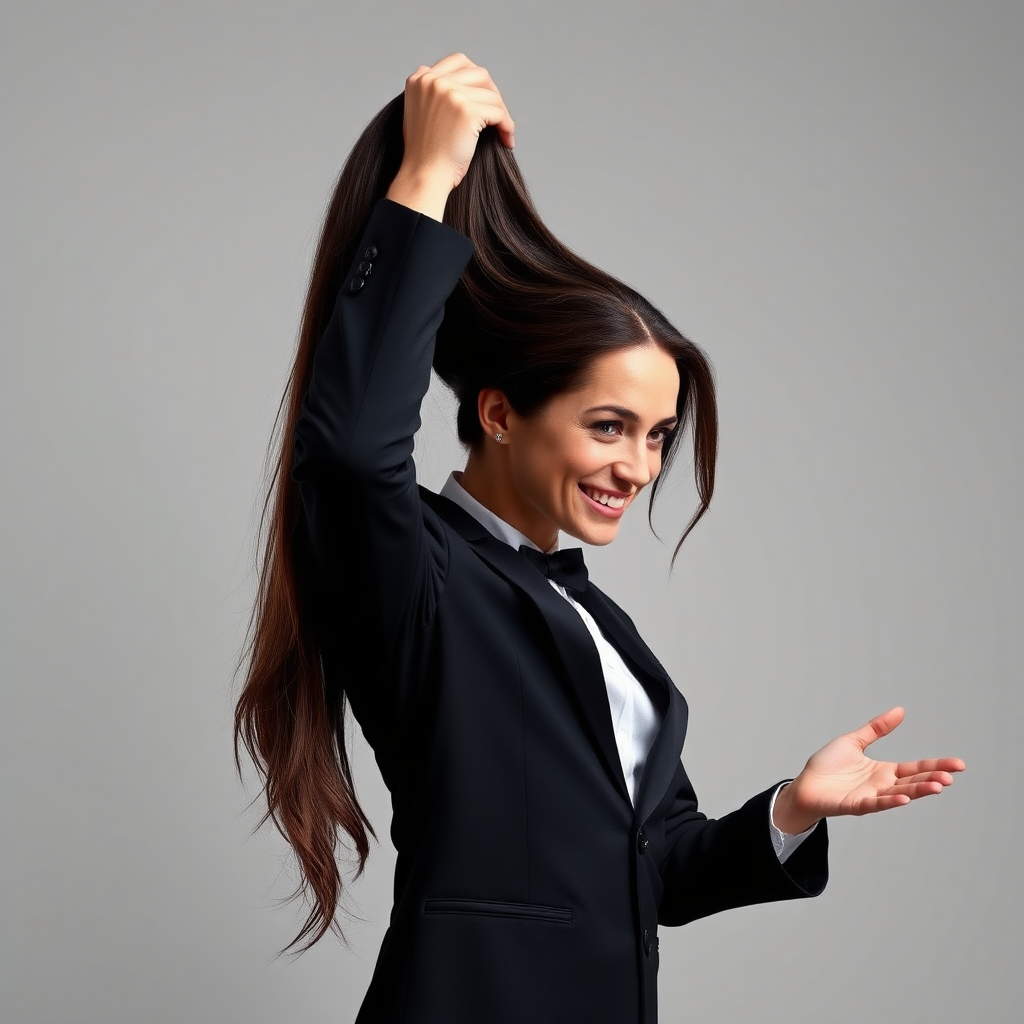 A surreal image of a smiling male magician standing to the side while holding up the disembodied head of a very long haired Meghan Markle by her hair to display it to the camera. He is grabbing her very long hair and pulling it up high in the air, while her head is hanging by her hair from his grasp. Plain gray background.