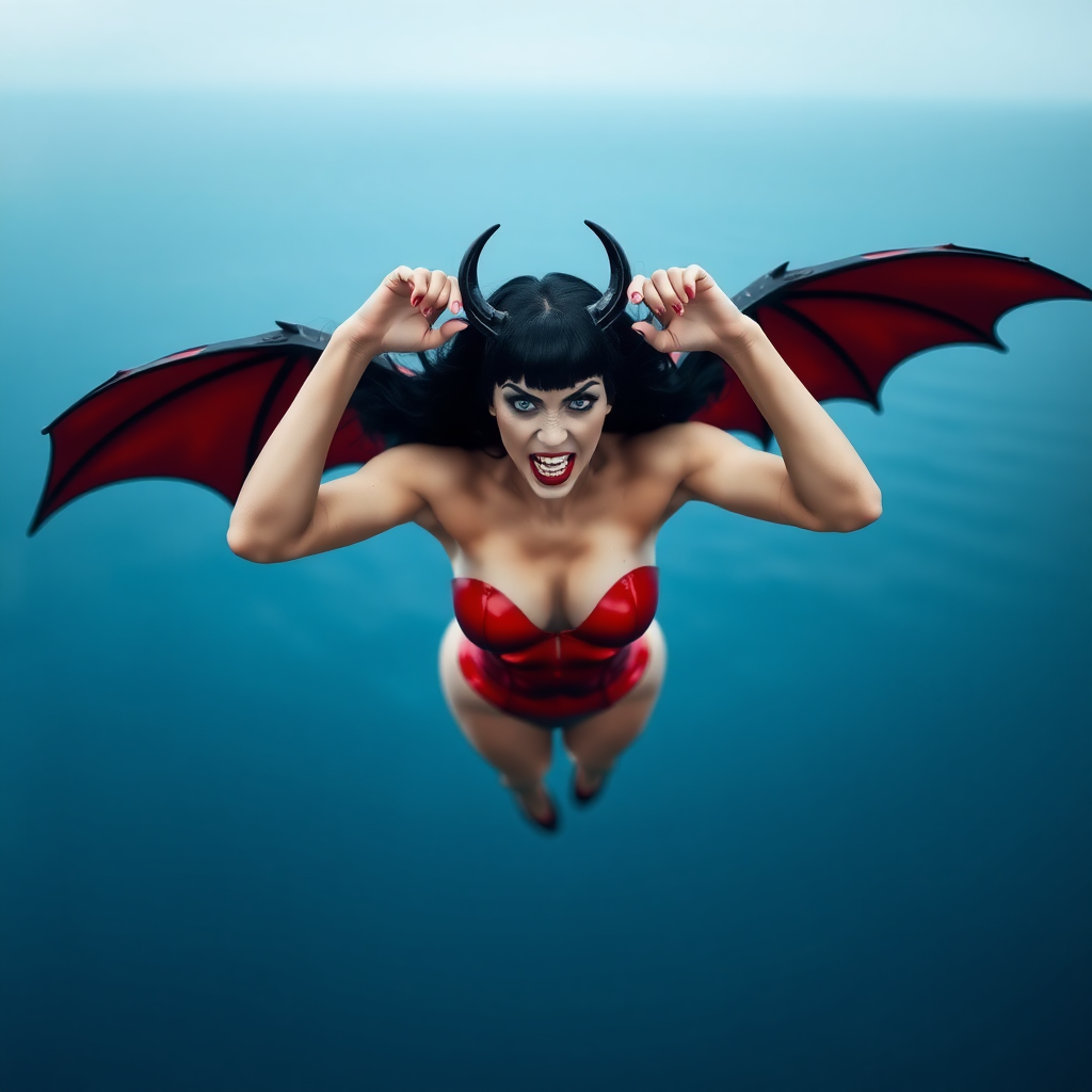 Create a HQ photographic image of Vampirella. She is flying with both hands extended over her head. She is facing the viewer. The background consists of a vast expanse of sea, with nothing else visible on the horizon. Her fangs are exposed. HD DSLR Photo