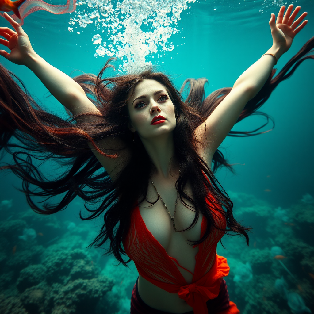 Vampirella as a mermaid underwater amazing loose flowing hair floating in a nimbus around her beautiful face her arms outstretched languidly over her head. she's looking down into the viewer's eyes making intense eye contact. loose fitting diaphanous. Burlesque. Stunning undersea life details plants and fish and other creatures of the sea. Amazing HD DSLR photographic output.