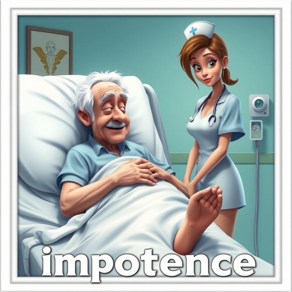 High quality, detailed, Disney 3d style film poster of an old man on a hospital bed with a huge erection under the blanket and a young skinny attractive nurse "impotence"