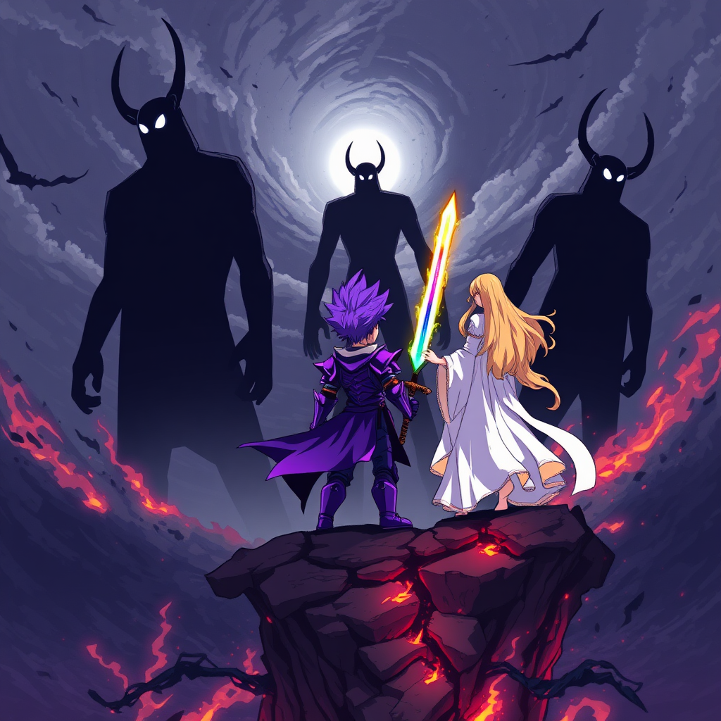 (Anime Style Pixel Art) In an apocalyptic world on the brink of collapse, the sky is dark and ominous, swirling with chaos as the ground disintegrates into an endless abyss. Three towering, humanoid beings known as *The Roaring Titans* loom menacingly in the distance, their forms composed entirely of black shadow, exuding pure darkness. Two of the titans are thin, stick-like figures, their single white lens-flare star-shaped eye glowing with a piercing light. The one in the center is grotesquely massive, with two jagged horns emerging from the void.

Standing defiantly on a crumbling, floating island backside is a teenage boy with spiky purple hair, clad in gleaming purple knight armor. In his hand, he grips a sword blazing with rainbow-colored flames, its brilliance cutting through the despair around him. Beside him, a young woman draped in flowing white robes with golden hair stands poised, both of them facing the looming titans, ready to confront the destruction together.