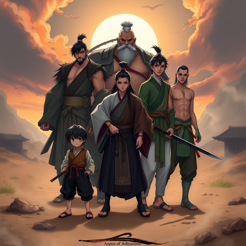 Create an image of a group of six warriors standing together in a dynamic scene, each exuding their unique presence and abilities. At the center is **Ein**, a young boy with short black hair and piercing dark eyes, wearing simple, travel-worn clothes. His calm, wise, and eerie expression belies his age.

Beside him is **Itami Cho**, a tall, elegant woman with long black hair, wearing a battle-worn traditional kimono and wielding a katana. Her posture is poised, and her fierce, serene expression reflects both her grace and warrior strength.

**Iron Gut Chen** stands towering, a large man wearing only pants. His round belly is a mark of his legendary appetite and strength. He holds a massive weapon, his grin bold and unbreakable, showing his confidence in battle.

Behind them is **Ghost Echo**, a fiercely accurate sniper with leprosy who covers himself with bandages.

Next to her, **Bingwei Ma**, a disciplined warrior, stands straight and proud, his flawless shirtless torso gleaming, a mark of his precise and honorable nature. He has perfect posture, his expression unwavering and focused.

Finally, **The Emerald Wind**, a nimble, agile figure dressed in green, with a sly smile. His light armor is designed for speed, and the wind seems to flow around him, ready to carry him into his next lightning-fast strike.

The group stands in an ancient, battle-scarred feudal Japanese landscape, the setting sun casting long shadows. The wind stirs dust and mist around them, adding to the sense of mystery and imminent danger. The warriors are prepared for a fight, each displaying their unique skills and personalities.