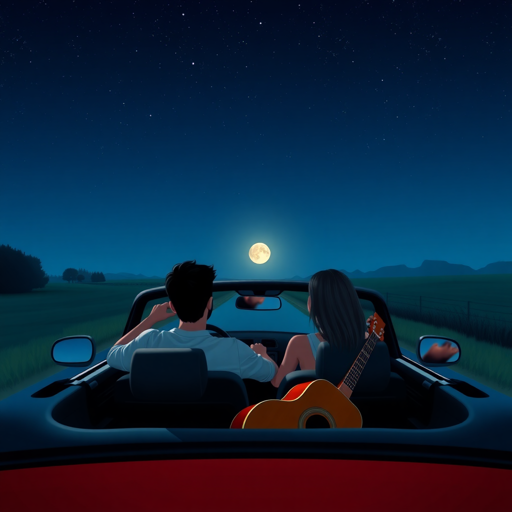 An image of a young couple driving down country roads in the middle of the night with the moon out and the stars above in their convertible car with the top down. The guy is in the driver's seat. The woman in the passenger seat. There is a guitar in the back seats.