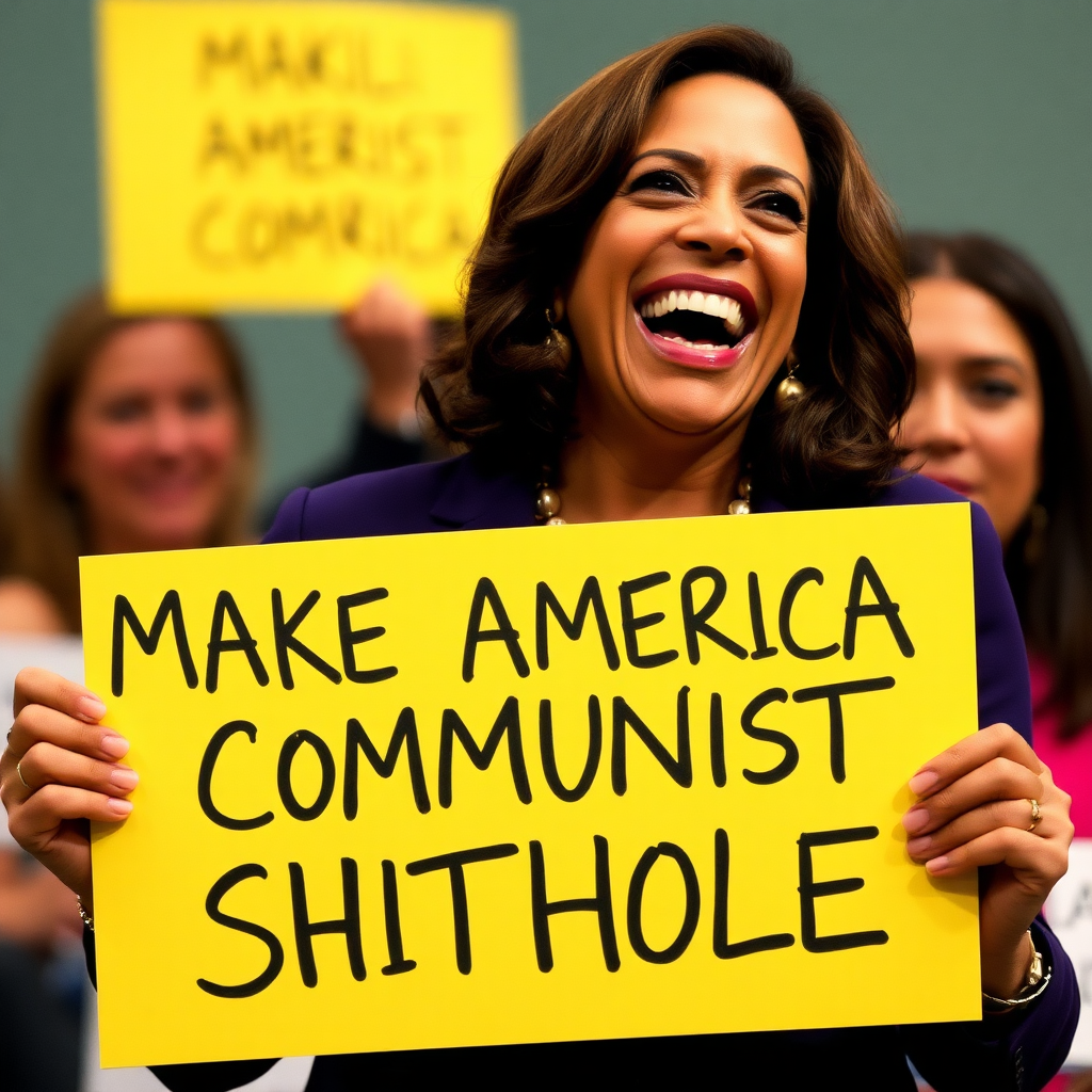 Kamala Harris laughing, holding a sign with text "MAKE AMERICA COMMUNIST SHITHOLE".