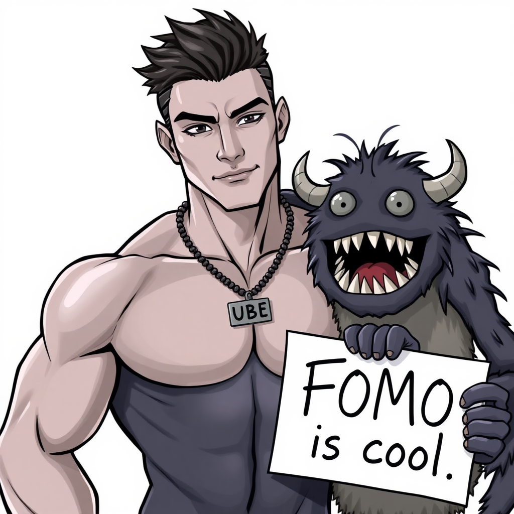 handsome white male, dark haired, muscular, v-shaped torso, wearing an army necklace with UBBE engraved, friends with a FOMO monster, holding "FOMO is cool" sign