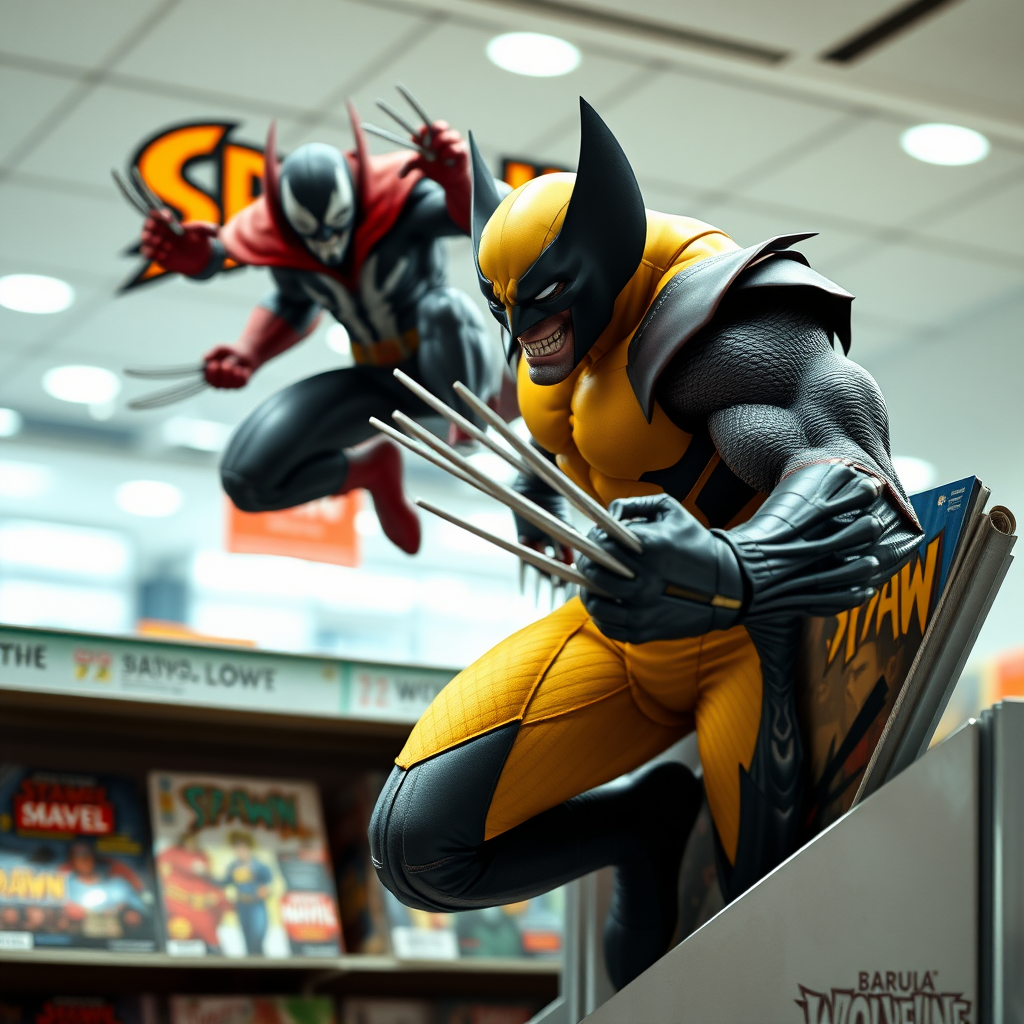 Jumping out of a comic book cover on a store shelf is Spawn and Wolverine with his perfectly razor sharp claws in Cinematic Real3D photo-realistic quality.