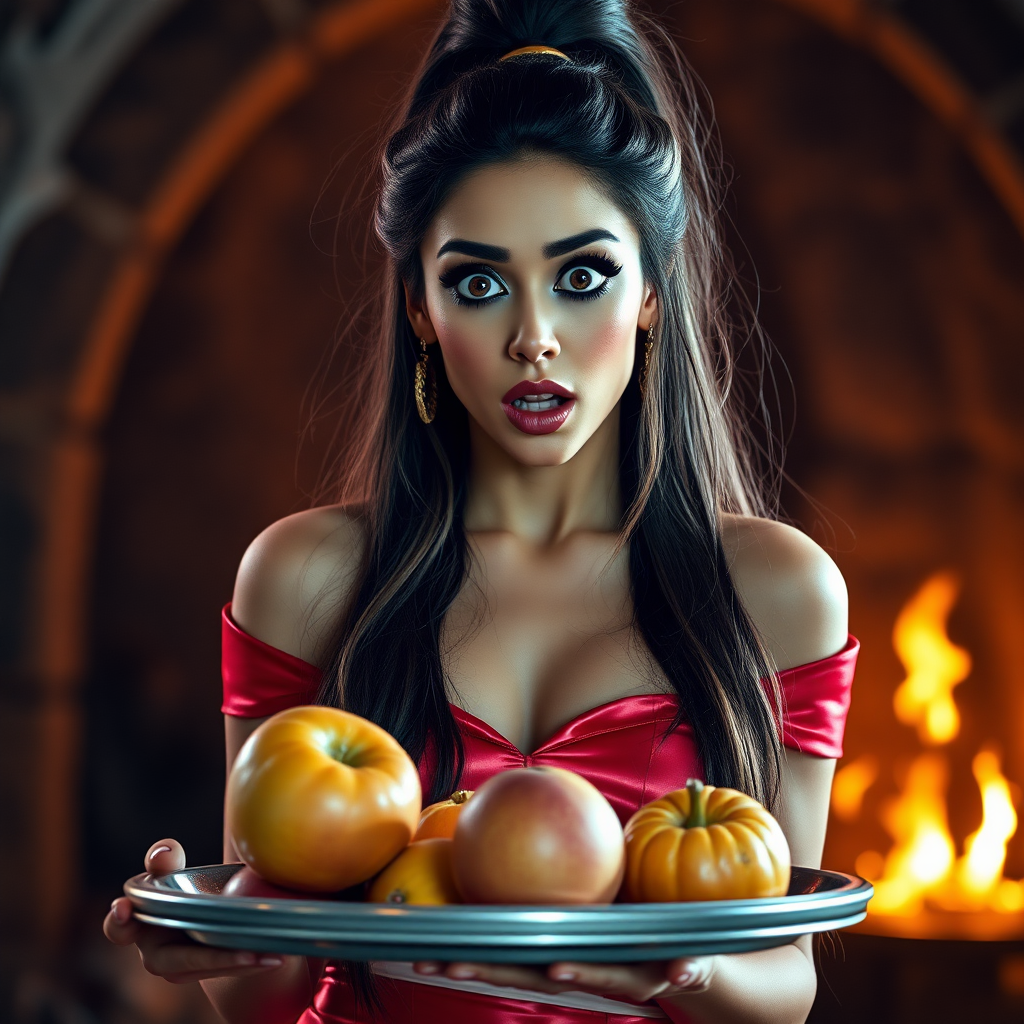 realistic photo of a surprised Arabian model with mouth open. She has very large eyes, black eyeshadow, black eyeliner, fake eyelashes, very tanned skin, very long hair. very high ponytail, she look likes princess jasmine, shinny red off shoulder crop top. photo realistic. She holds a metal tray with fruits just above her waist. crop top, shinny red skirt. full body view. shinny red pencil skirt. dungeon with fire torches in the background.