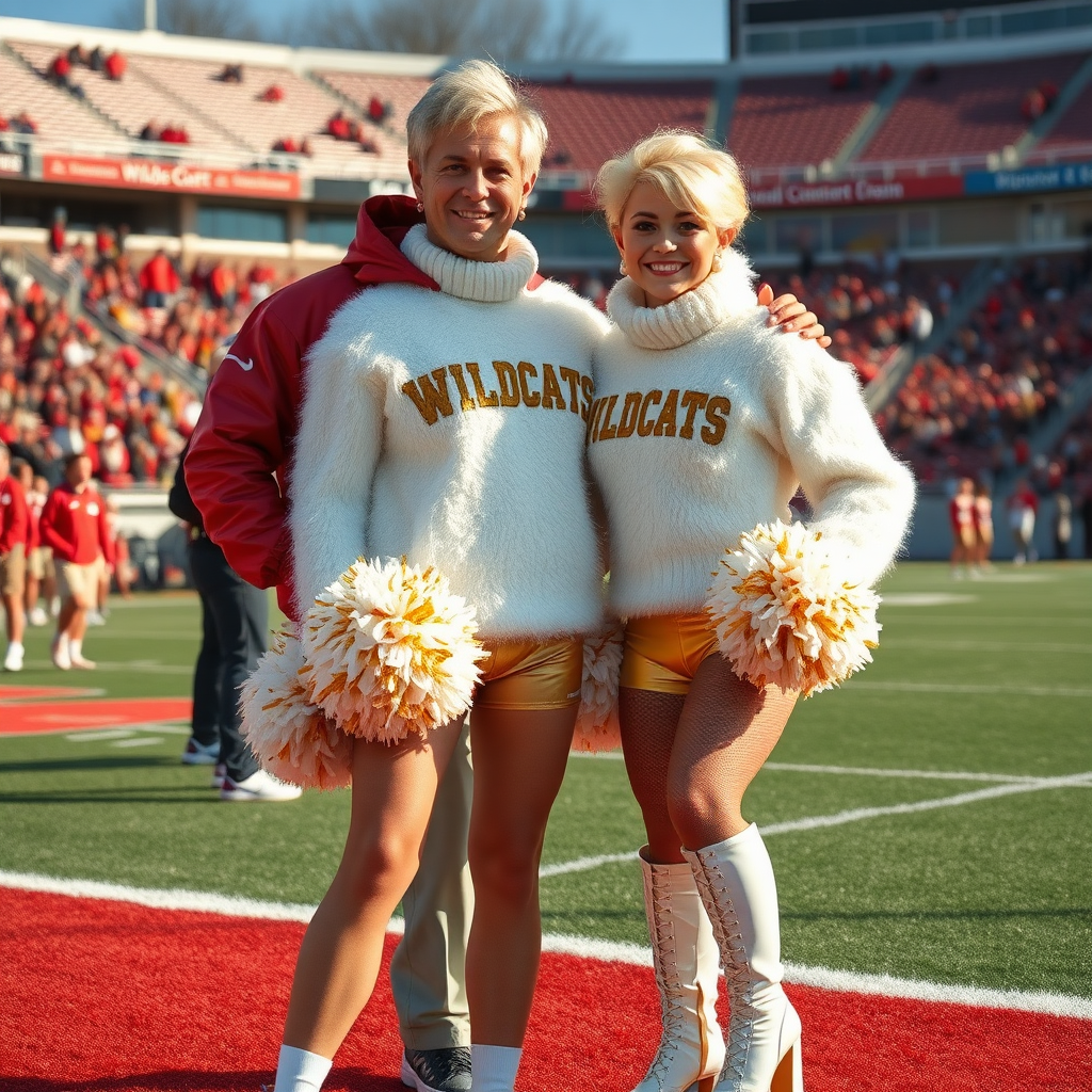 Sunny cold fall noon, college football stadium game, cheerleaders leader squat: Ana, European 17 years old very convincing femboy “QB’s trophy-bimbo”, tamed servile docile, very beautiful feminine flawless face, rather short boyish figure, platinum blond short tight curls, bold red lips, heavily made-up face, fluffy very fuzzy bright white plushy hazy thick angora turtleneck-sweater with “gold “WILDCATS” letters, vinyl gold short shorts, mesh pantyhose, white vinyl thigh-high boots with golden heels, large gold-white pompoms, pearl earrings, standing, shoulders slightly arched back to present her assets, posing for photo with Hank: older tall overweight male football coach, wearing college football coach outfit, triumphant smile, nimbly patting Ana. Jealously watching from behind: very angry wildcat’s QB.