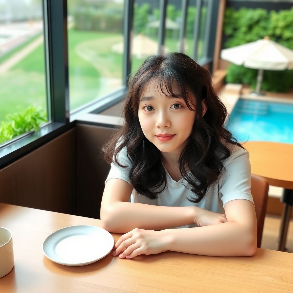 A beautiful 18-year-old Xiaohongshu blogger, with fair skin, big eyes, curly hair, an oval face, and very thin, sitting in a café, leaning on the table, with green grass and a swimming pool outside the window.