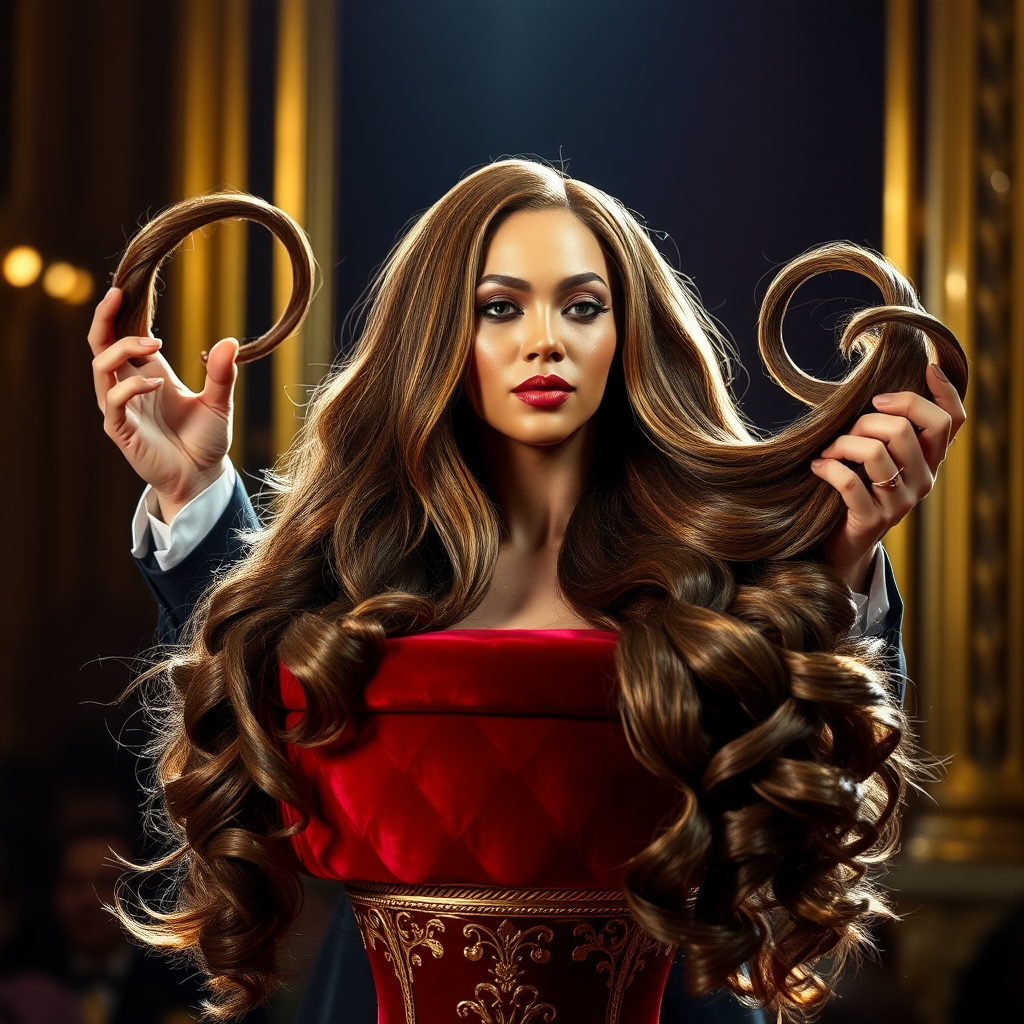 A magician captivates the audience with a stunning display of illusion. Atop an ornate velvet display stand rests the glamorous head of Beyoncé, her radiant complexion and striking features enhanced by glimmers of stage lighting. Her remarkably long hair cascades elegantly, flowing like a waterfall of rich, dark silk, and the strands glisten with hints of gold as they catch the soft light.

The magician holds up the luxurious mane with a flourish, spreading it wide for everyone to admire. The air is charged with suspense as he expertly manipulates the hair, twirling it gracefully around his fingers, creating mesmerizing shapes that seem almost alive.