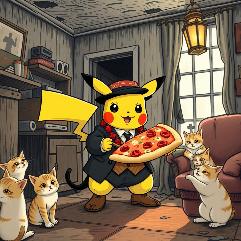 A well dressed handsome Pikachu demon delivering Hawaiian pizza to angry kittens in a decayed apartment, Chinese woodcut, Mormon, Catholic, Muslim,