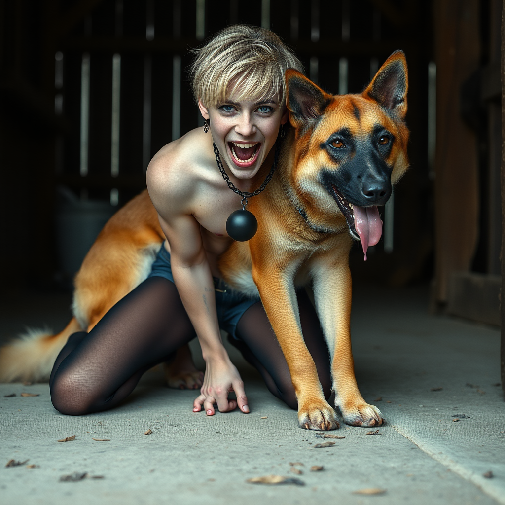 photorealistic, ultra high resolution, 16K, surreal fantasy, soft studio lighting, Caleb Swift is a pretty 16 year old goth male, slim male physique, blonde hair, blue eyes, goth makeup, earrings, sheer black pantyhose, spikey neck collar with chain, kneeling and leaning forward on the floor of the barn while his large dog rests its front legs on Caleb's back, during daytime, excited open mouth smile, small black ball-gag, drooling a stream of saliva from his mouth, bulging crotch, facing the camera.