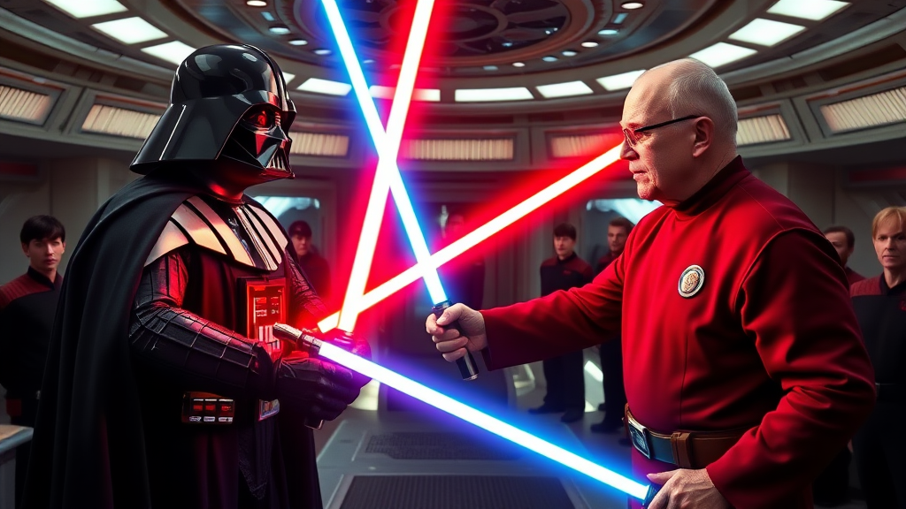 Setting, aboard the star ship enterprise bridge. Darth Vader is holding a red light saber and Patrick Stewart as captain picard is holding a blue light saber. Darth Vader and Patrick Stewart are having a light saber fight while the crew of the enterprise is watching.