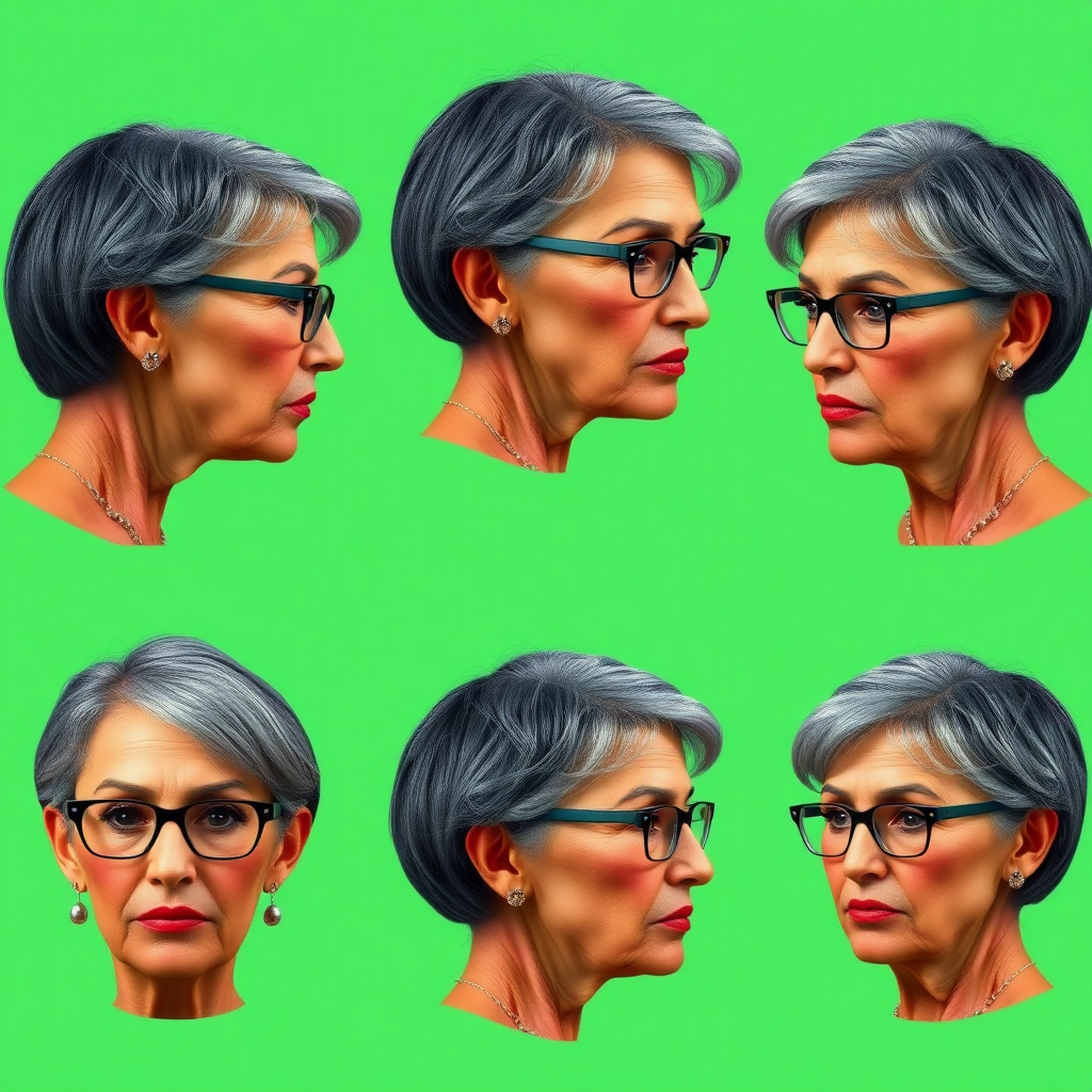 Photorealistic image of six headshots of a 50 years old, fit, European, Latina, sharp aquiline nose, wrinkles, high cheekbones, Middle Eastern, skinny, tanned skin, dark light skin, full makeup, jewelry, sharp nose, exaggerated expression, embarrassed, biting her lips, looking down, mouth open, dark grey ash hair, short bowl haircut, brown eye color, glasses, with detailed features. Each photo displays the same face in back, profile, and front view, cut out and isolated on a green background. All six heads are visible side by side, empty space around each view, no overlapping.