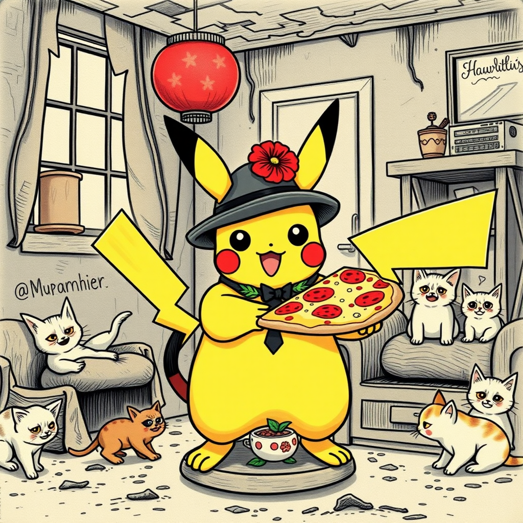 A well dressed handsome Pikachu demon delivering Hawaiian pizza to angry kittens in a decayed apartment, Chinese woodcut, Mormon, Catholic, Muslim