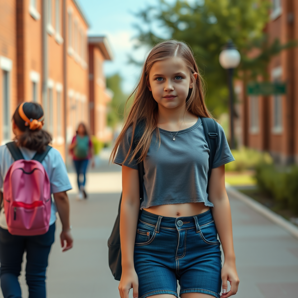 Ultra Realistic taken photo style image, Extremely good quality 4k image of a Russian 12 year old middle school petite girl with a crop top, image of her and her body from head at least to her waist if not lower walking on a middle school campus.