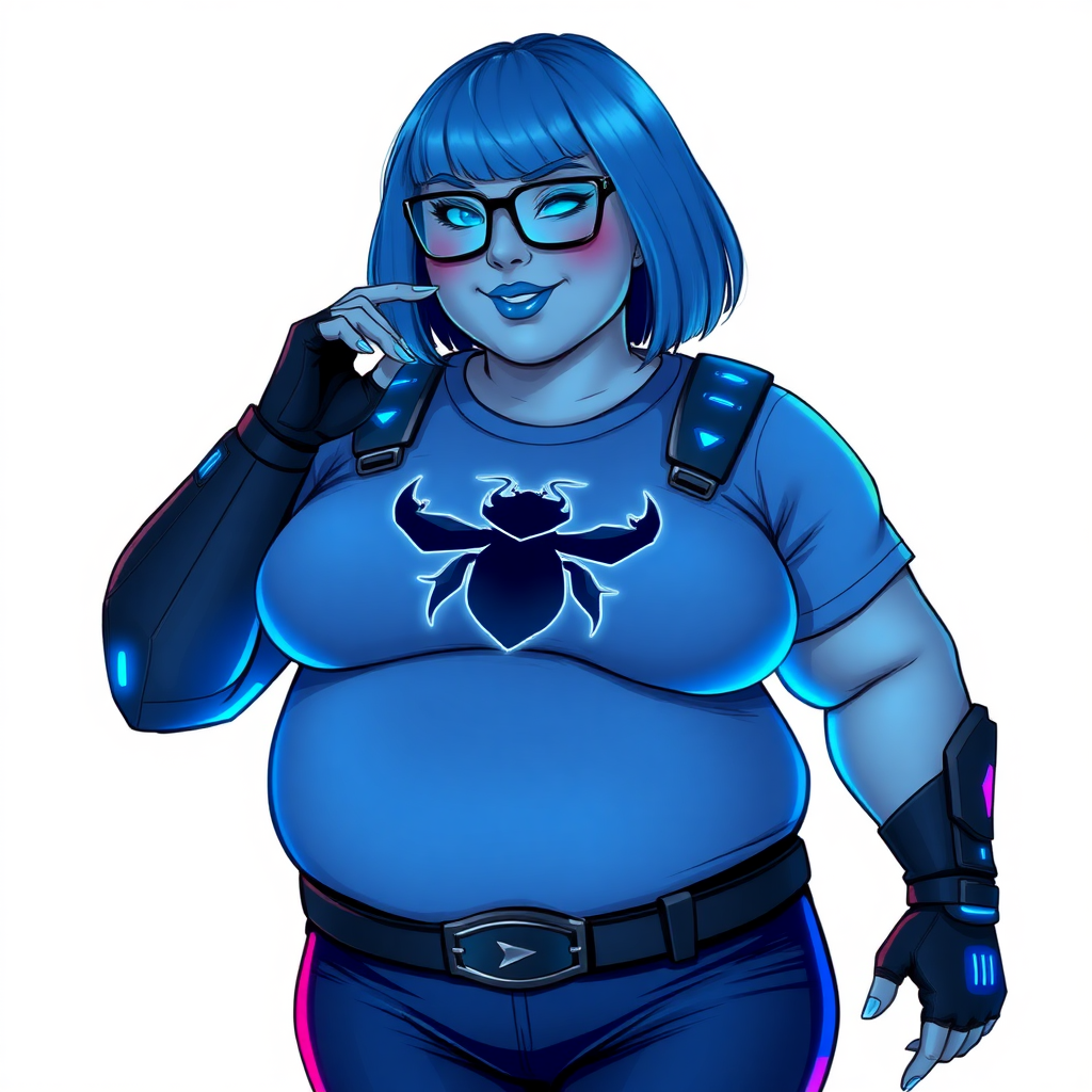 A 28-year-old, full-figured, middle gray skinned computer program hybrid with a maximum blue bob cut. She has a non-athletic build, highlighted by a prominent, round, large midsection (with heavy emphasis on her large belly). As the full-figured digital sidekick to her cyberpunk vigilante boyfriend, her middle gray metallic skin and maximum blue lipstick emphasize her digital nature. She wears a digital, computerized costume inspired by DC’s Carrie Kelly Robin, consisting of a huge, tight-fitting, maximum blue t-shirt with a neon blue glowing chest icon of a beetle, hi-tech shoulder pads with neon blue accents, a black hi-tech belt with a digital neon blue glowing buckle, digital maximum blue pants with neon blue accents, and black hi-tech fingerless biker gloves with neon blue glowing accents. Her neon blue glowing eyes, black eyeglasses with a neon blue glowing HUD built into the lenses, and shy smile with neon red blush accentuate her nerdiness. She stands bashfully with one hand behind her back and the other hand gently touching her cheek, her costume covering all her skin and emphasizing her full-figured physique (especially her belly). She is clearly non-athletic, with a heavy focus on her large belly. Despite her build, she radiates beauty. She has a slim face compared to her physique, accentuating her radiant beauty. She is on a solid white background. She is drawn as if she were in a retro 2D cyberpunk fighting game.