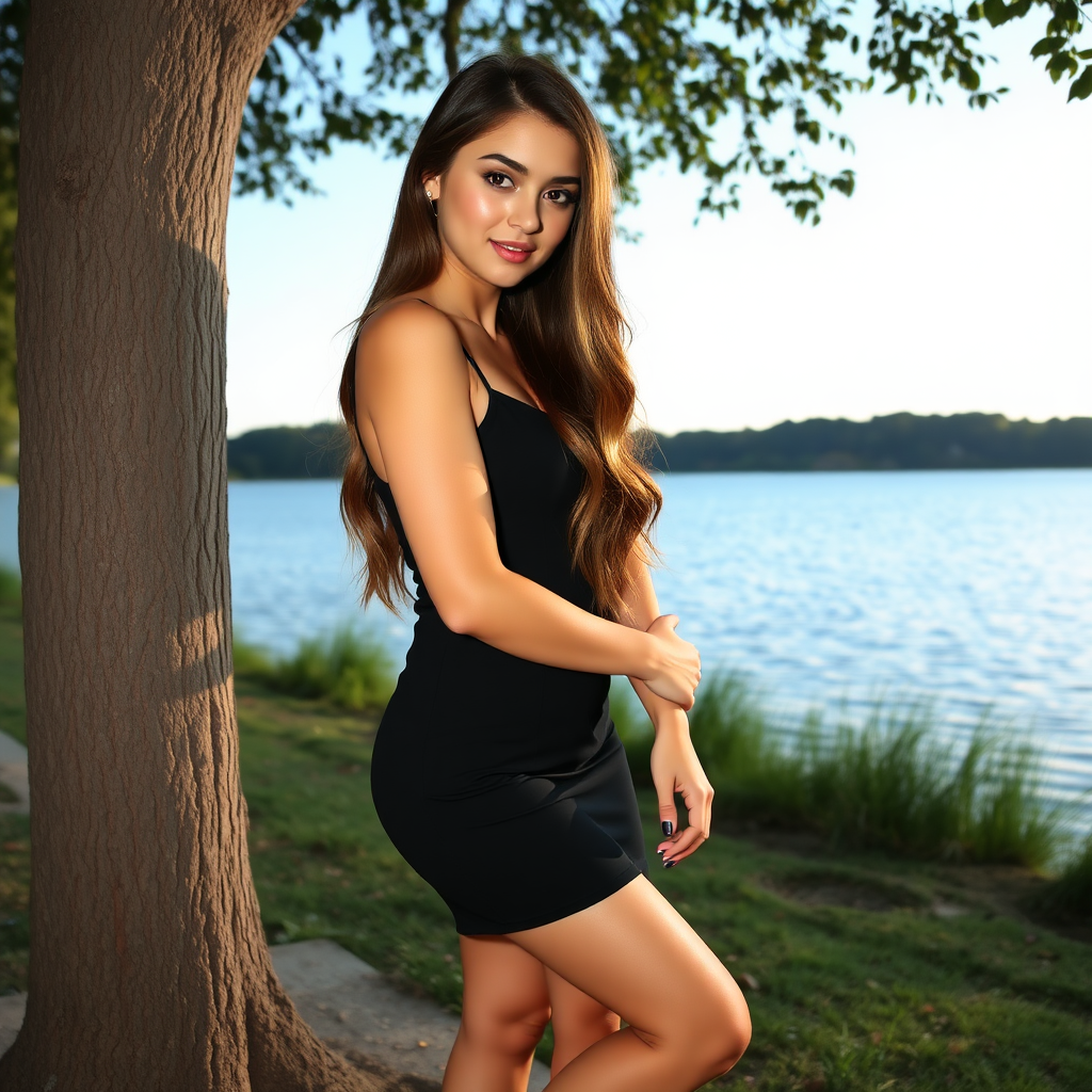 a young woman. long brunette hair with highlights, dark brown eyes. suntanned skin. small lips with lipgloss. wearing a short black dress and black high heels. standing at a tree with crossed legs. interested look. standing next to a lake. sweet look. photo