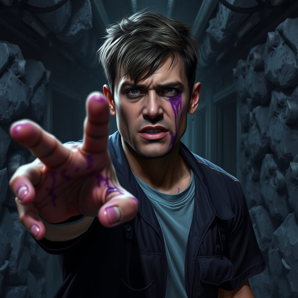 Cinematic sci-fi horror digital painting. Crew member approaching the viewer with one arm reaching out. Consciousless aggressive facial expression. Purple slime smears on face and hands. Dark rocky industrialized corridor.