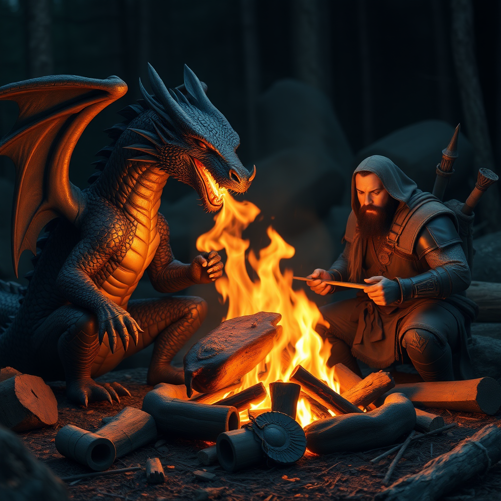 The Dragon and the warrior roast wild boar meat together at the campfire, the dragon breathes fire to roast the wild boar.