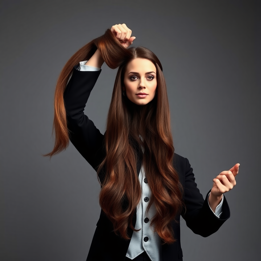 A surreal image of a magician holding up the disembodied head of a very long-haired Kate Middleton. He is grabbing her very long hair and pulling it up high in the air, while her head is hanging by her hair from his grasp to display it to the camera. Plain gray background.