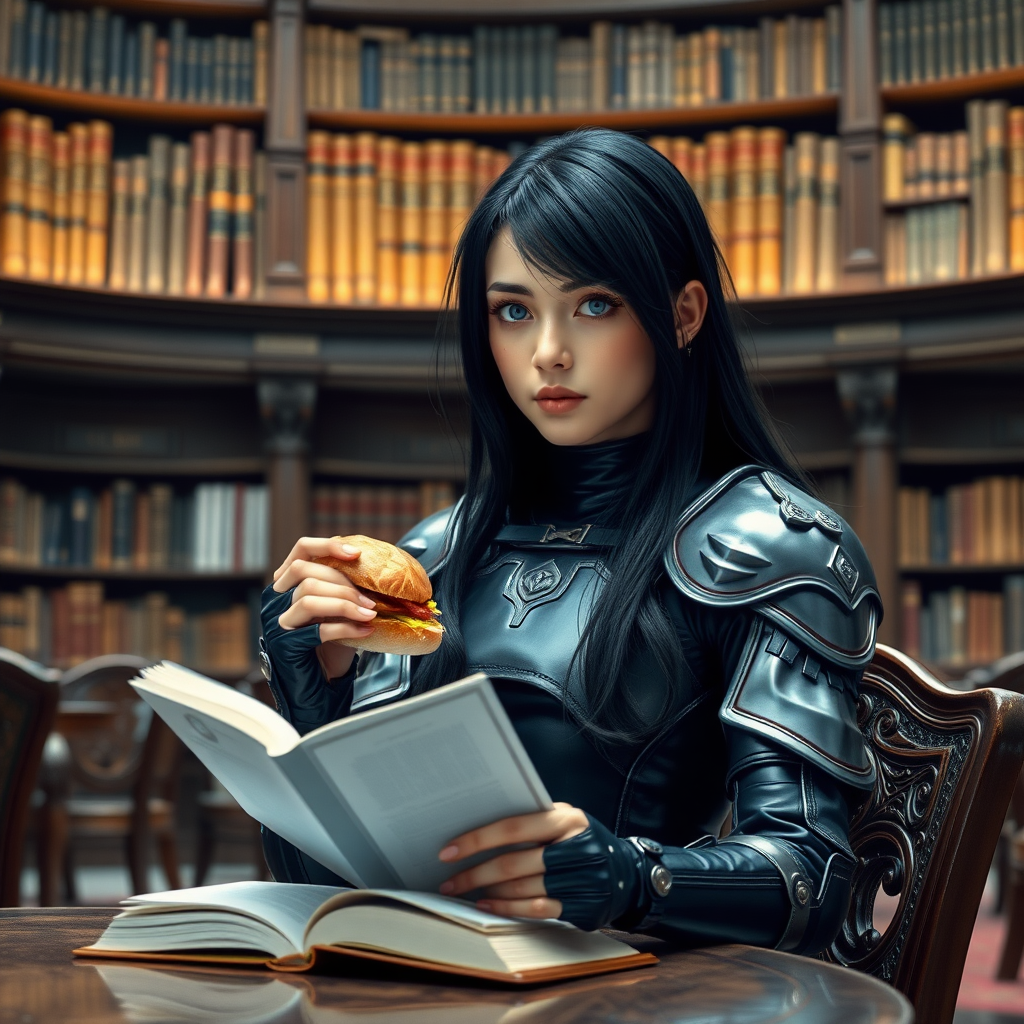 beautiful young woman, dark hair past her shoulders, blue eyes, small, slim figure, wearing full leather armor suit, sitting at table with sandwich, reading a book in a great library.