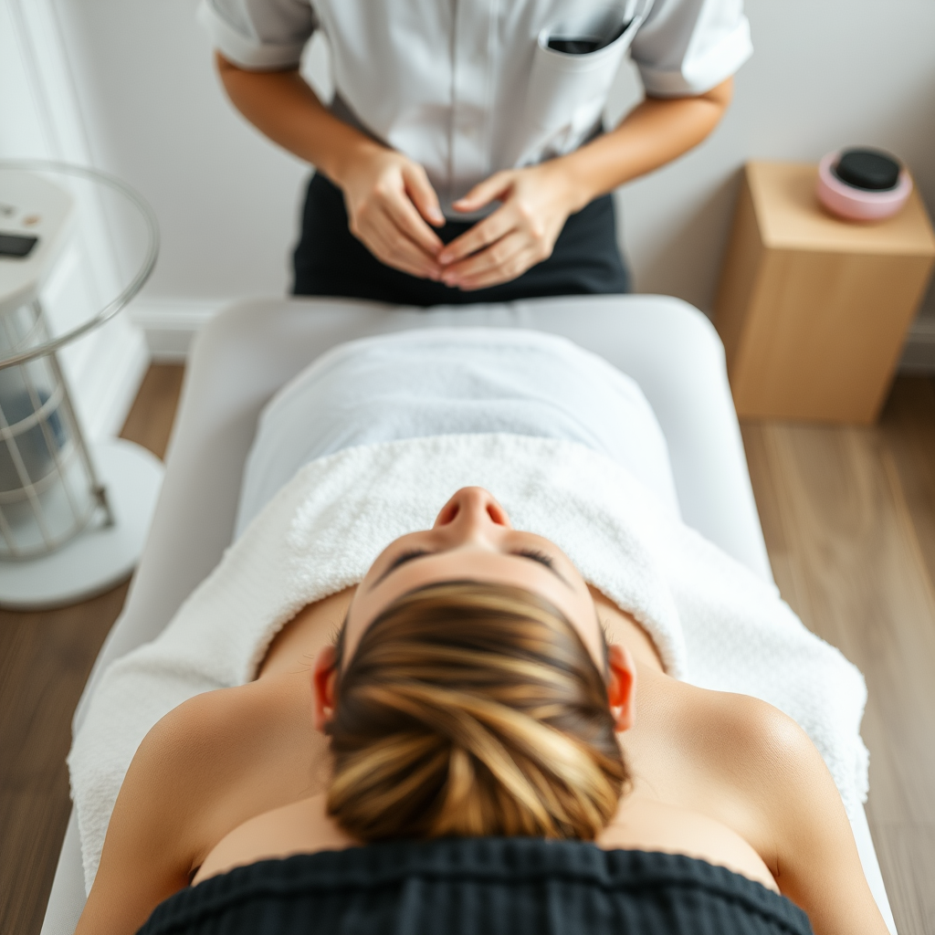 Someone getting waxed. She is lying on a couch. From the perspective of the practitioner.