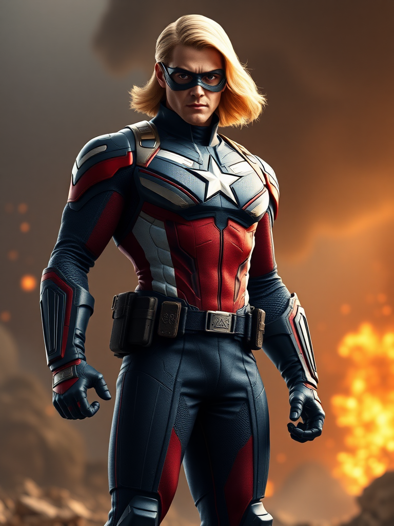 Create a hyper-realistic full-length render of Steve Rogers featuring the body type of Power Girl. Maintain the original head while modifying the silhouette to reflect Power Girl's physique. Position the character in a background that harmoniously blends elements relevant to both characters, capturing their heroic essence. Focus on details such as costume textures, lighting, and shadows to enhance realism, ensuring the final image showcases both strength and personality.