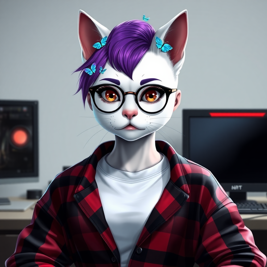 female lesbian white cat-man with huge breasts, without makeup, serious with small blue butterflies on her head, a round face, with a purple undercut hairstyle, hazel eyes, dimples on her cheeks, chubby cheeks, wearing semi-round glasses, an open red and black plaid shirt over a white t-shirt, in front of a gaming PC on a desk, in digital art