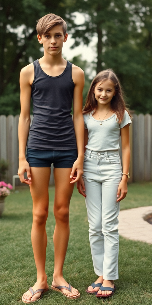 photorealistic, ultra high resolution, 16K, a tall skinny 14 yo teen boy wearing tank top, tight booty shorts, Long legs, bare thighs. With a girl wearing t-shirt, long pants. At backyard. Full length view. Vintage family photo, 1970s.